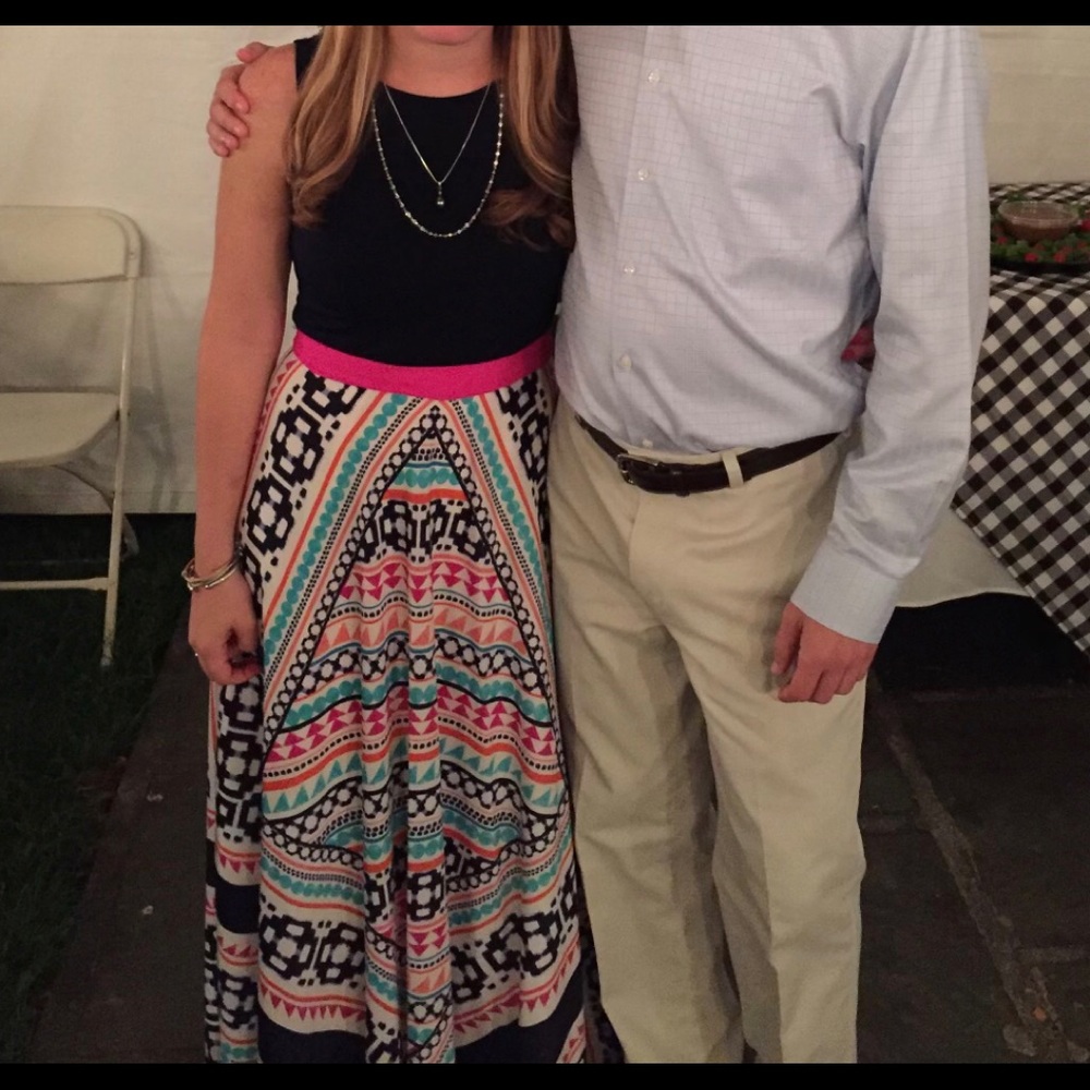 Eliza J. Maxi Dress - Size 4P - Dark Navy with colorful print bottom. Pink sash